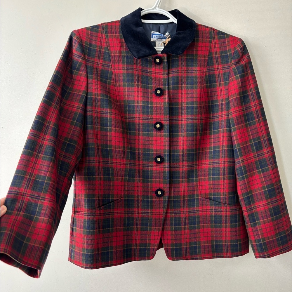 Vintage Pendleton Preppy Wool Plaid Red Blue Velvet Twee Jacket Medium - Large